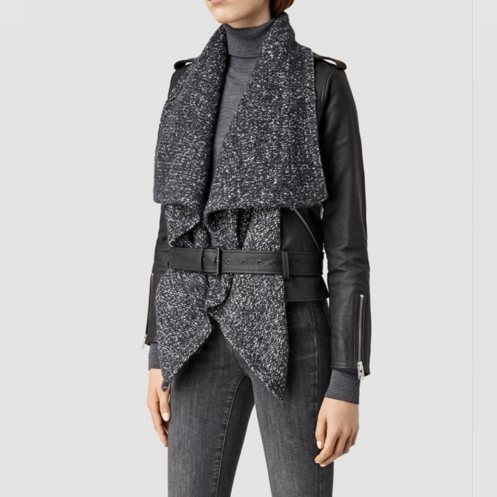 AllSaints Texture Wrap Leather and Wool Biker Jacket Size 8